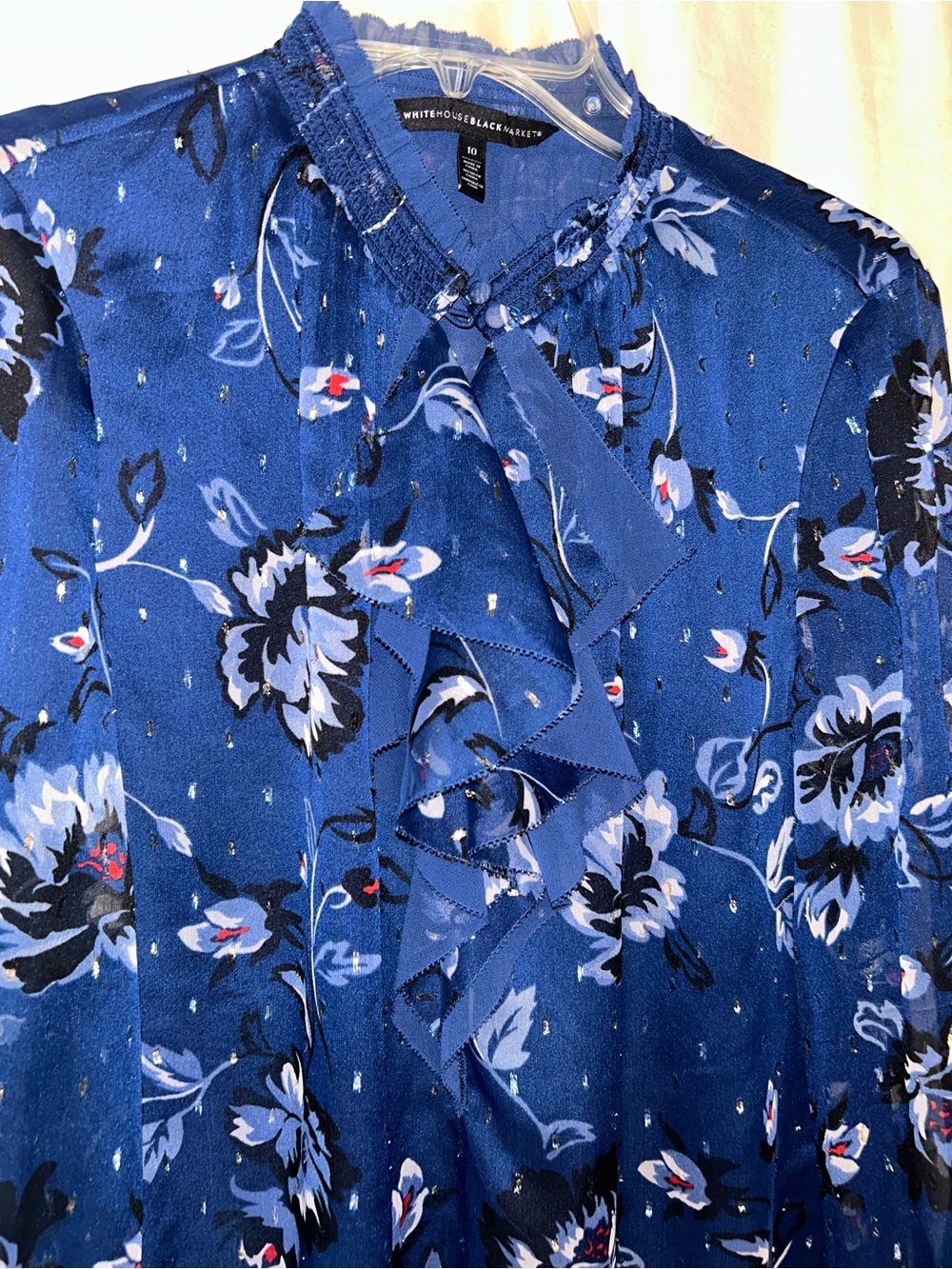 WHBM Blue Ruffle Neck Blouse with Sheer Sleeves - Picture 5 of 17